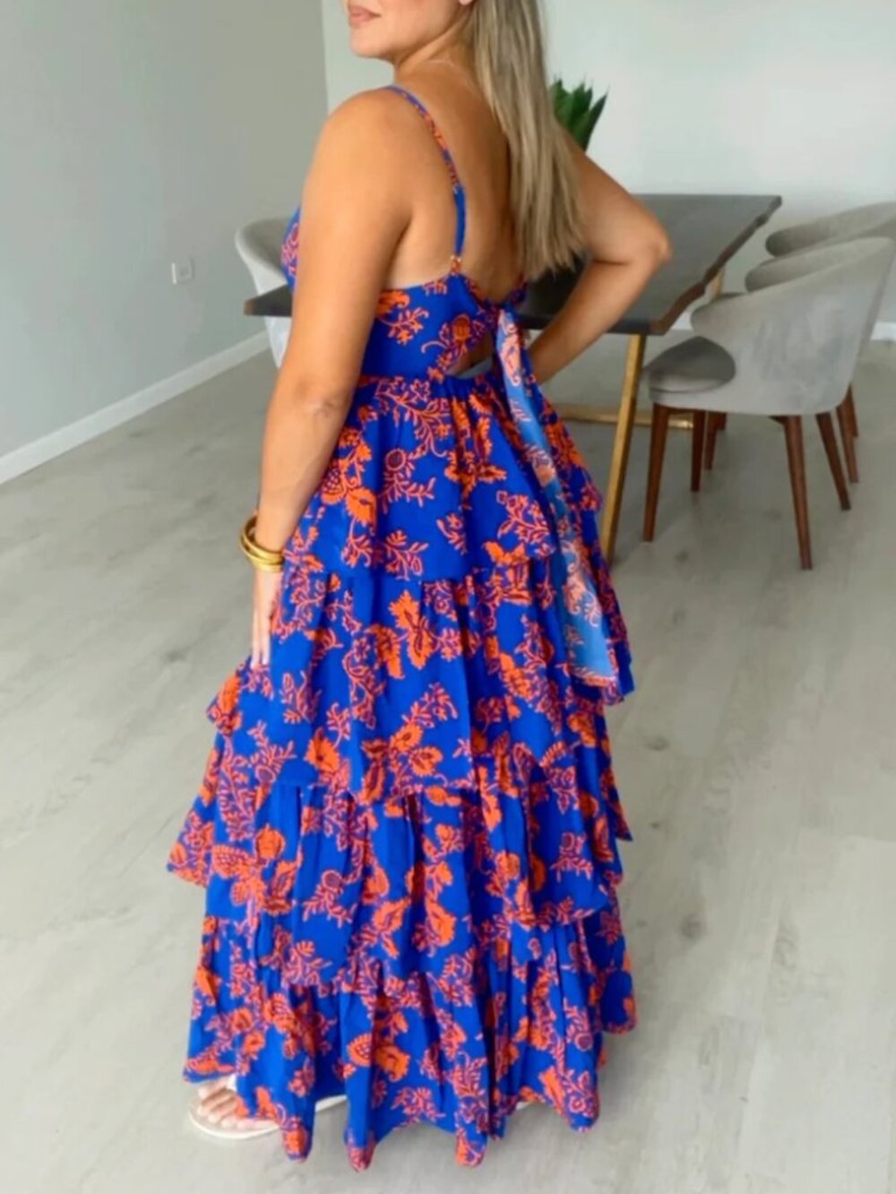 ENTRO Blue and Orange Tiered Ruffle Maxi Dress - Picture 8 of 10